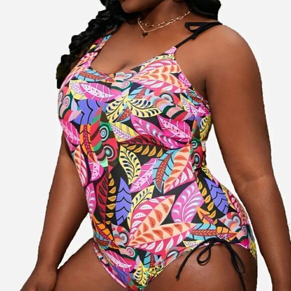 NEW! PLUS Size Bright Boho Tropical Print Side Draw String One Piece Swimsuit - Picture 3 of 6